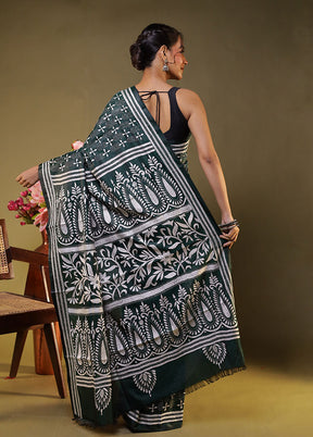 Green Kantha Stitch Silk Saree With Blouse Piece
