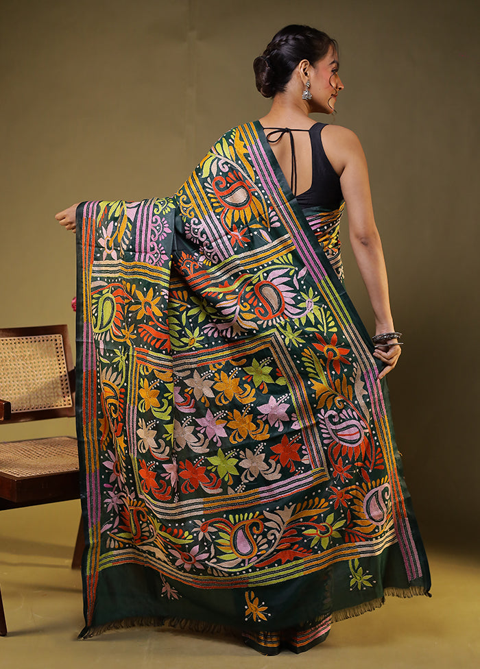 Green Kantha Stitch Silk Saree With Blouse Piece