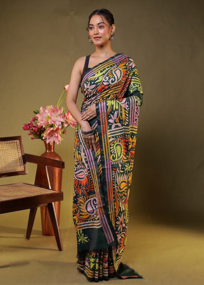 Green Kantha Stitch Silk Saree With Blouse Piece
