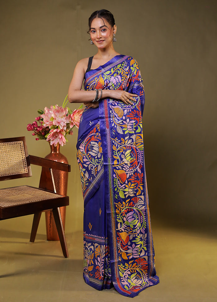 Blue Kantha Stitch Silk Saree With Blouse Piece