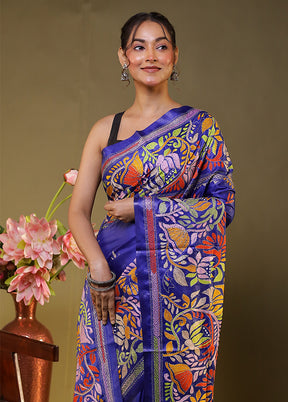 Blue Kantha Stitch Silk Saree With Blouse Piece