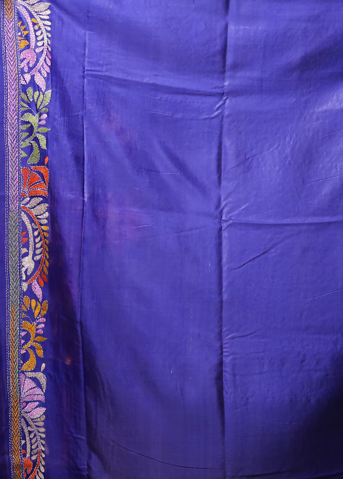 Blue Kantha Stitch Silk Saree With Blouse Piece
