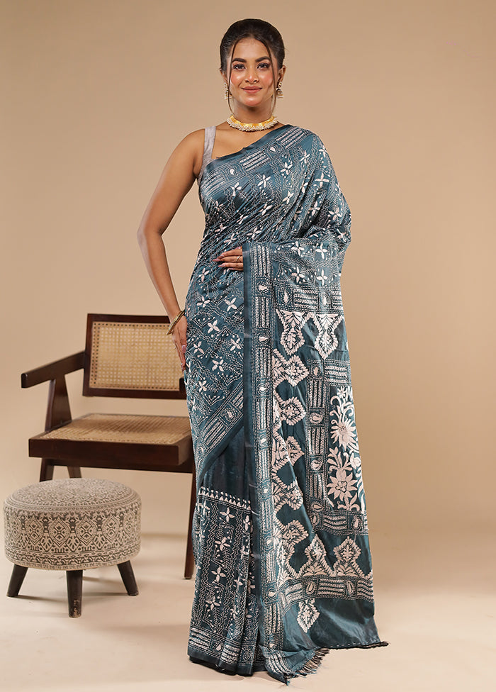 Green Kantha Stitch Silk Saree With Blouse Piece