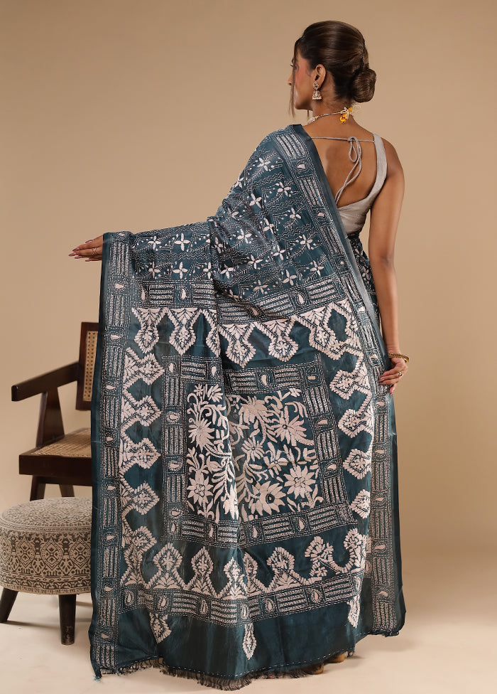 Green Kantha Stitch Silk Saree With Blouse Piece