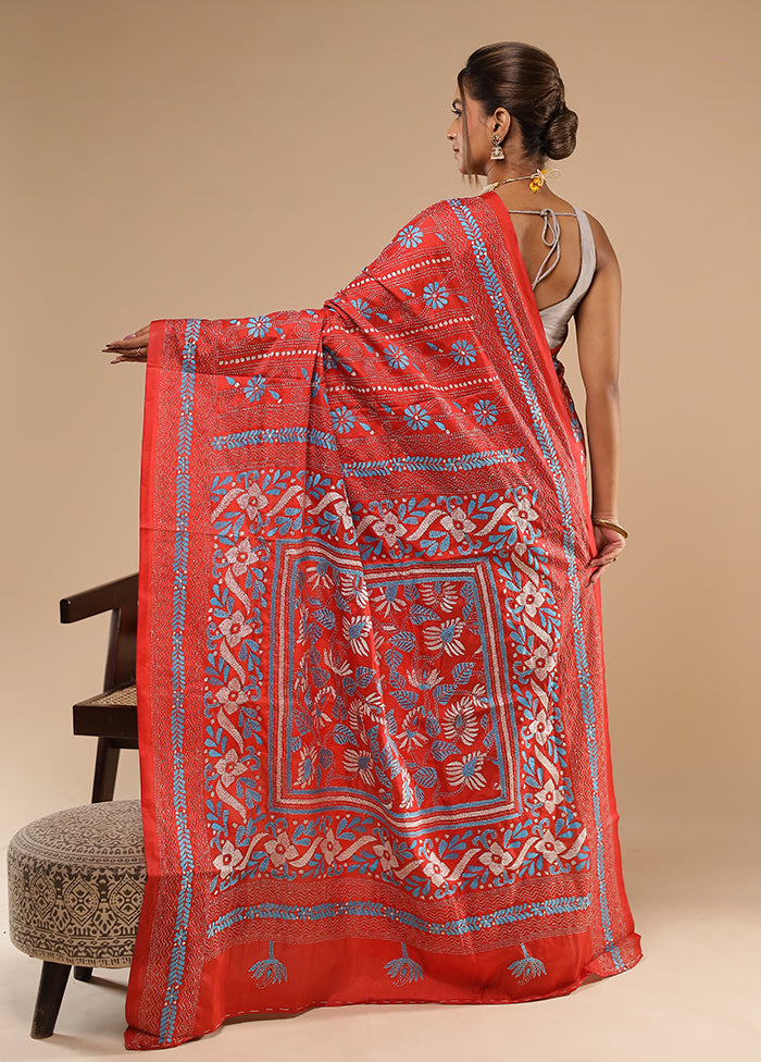 Red Kantha Stitch Silk Saree With Blouse Piece