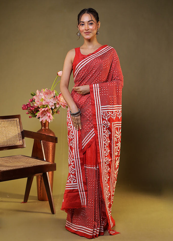 Red Kantha Stitch Silk Saree With Blouse Piece