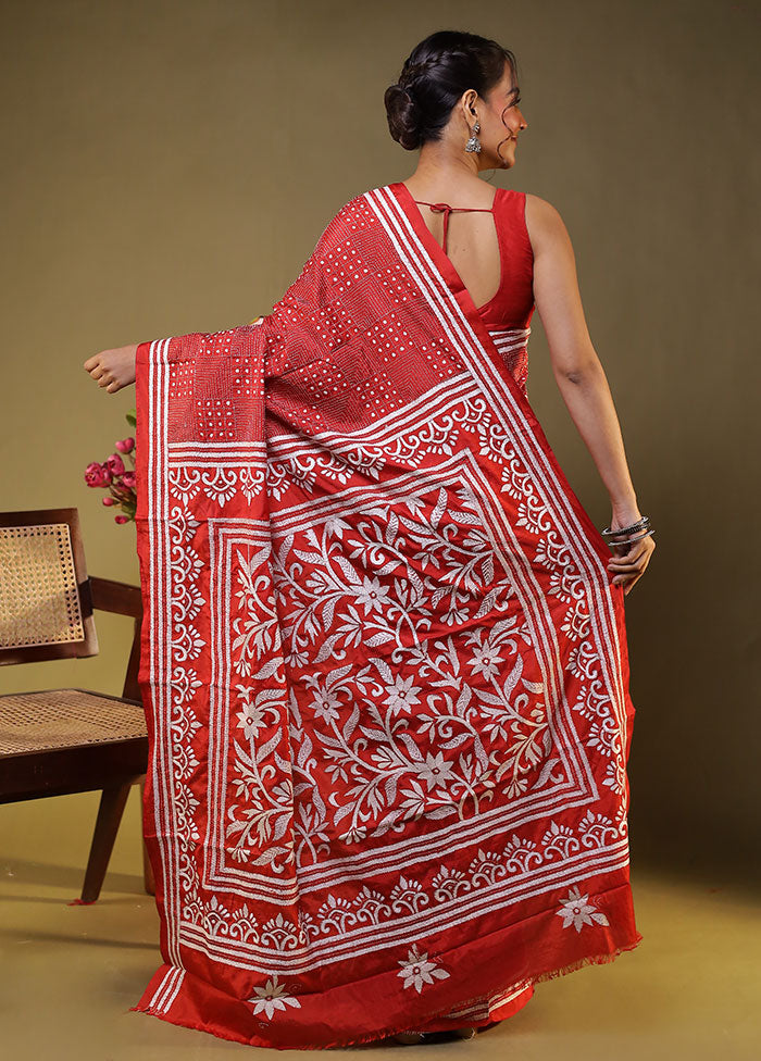 Red Kantha Stitch Silk Saree With Blouse Piece
