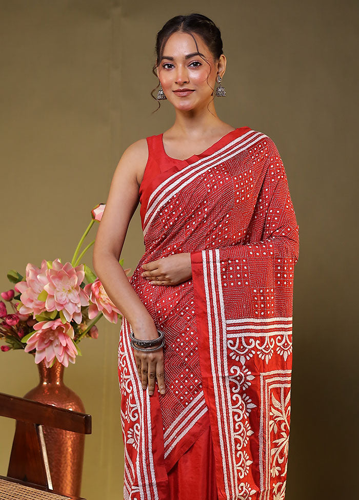 Red Kantha Stitch Silk Saree With Blouse Piece