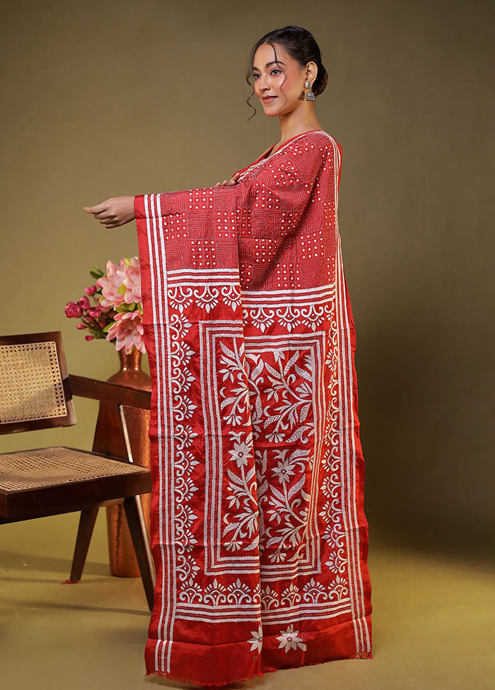 Red Kantha Stitch Silk Saree With Blouse Piece