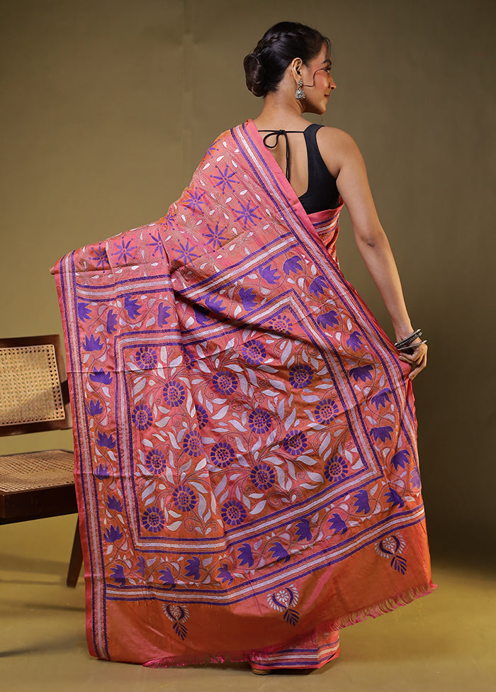 Orange Kantha Stitch Silk Saree With Blouse Piece