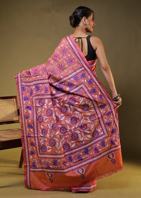 Orange Kantha Stitch Silk Saree With Blouse Piece