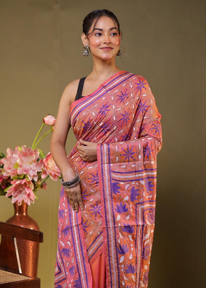Orange Kantha Stitch Silk Saree With Blouse Piece