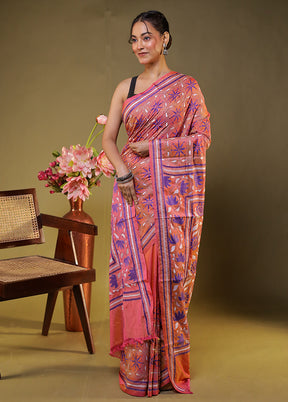 Orange Kantha Stitch Silk Saree With Blouse Piece