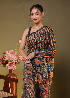Black Kantha Stitch Silk Saree With Blouse Piece