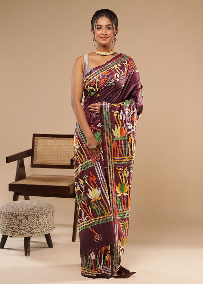Purple Kantha Stitch Silk Saree With Blouse Piece