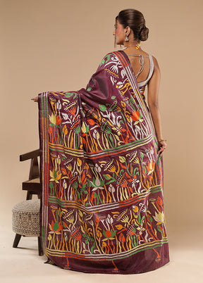 Purple Kantha Stitch Silk Saree With Blouse Piece