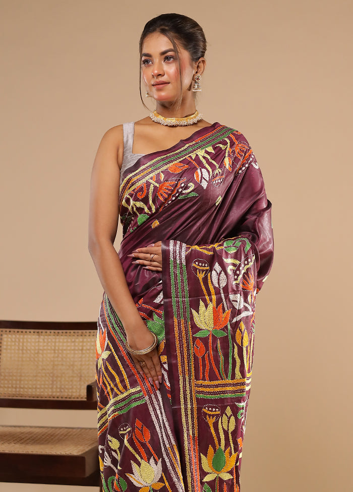 Purple Kantha Stitch Silk Saree With Blouse Piece