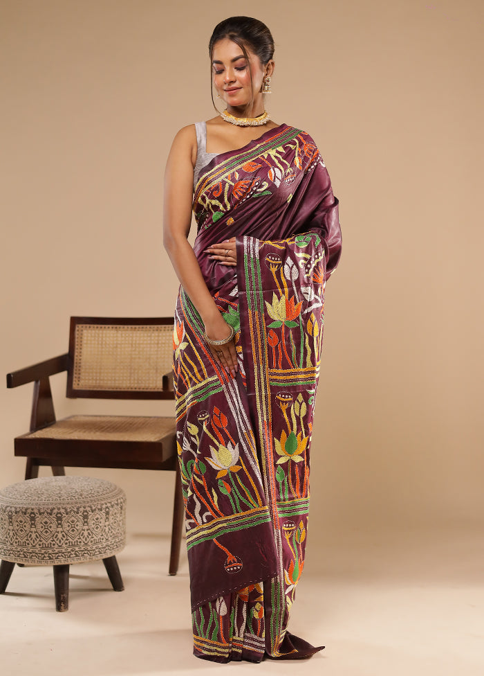 Purple Kantha Stitch Silk Saree With Blouse Piece