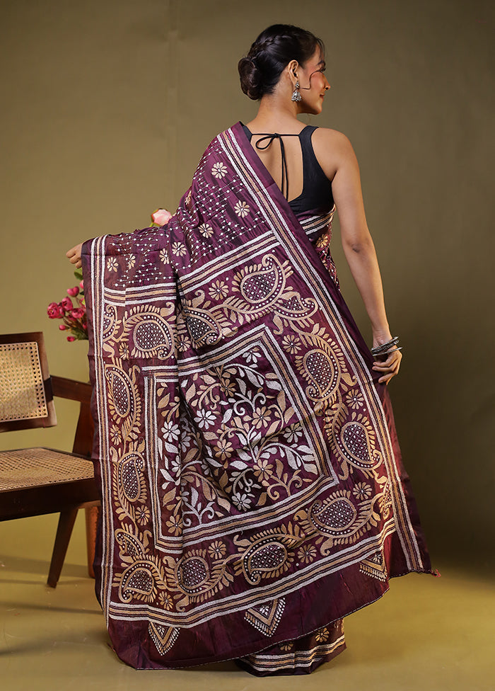 Purple Kantha Stitch Silk Saree With Blouse Piece