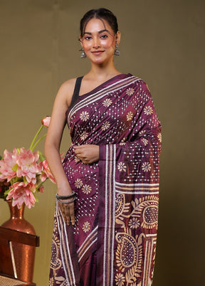 Purple Kantha Stitch Silk Saree With Blouse Piece