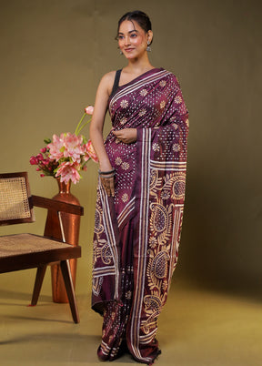 Purple Kantha Stitch Silk Saree With Blouse Piece
