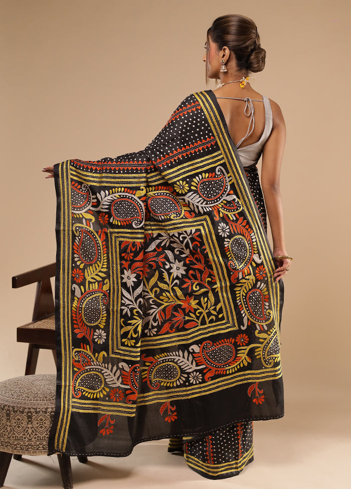 Black Kantha Stitch Silk Saree With Blouse Piece