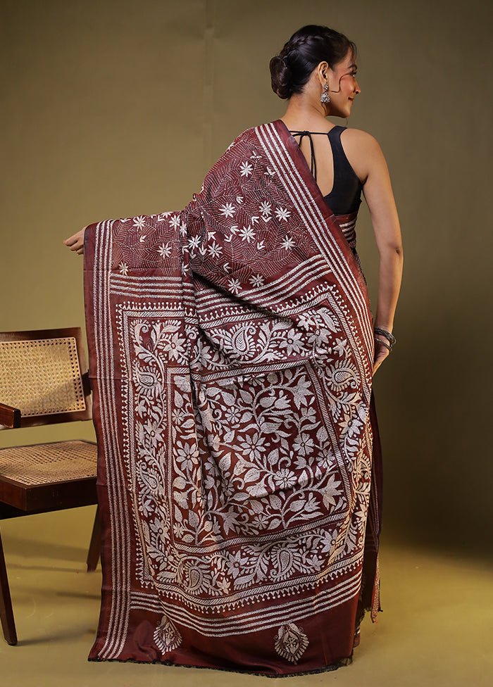 Maroon Kantha Stitch Silk Saree With Blouse Piece