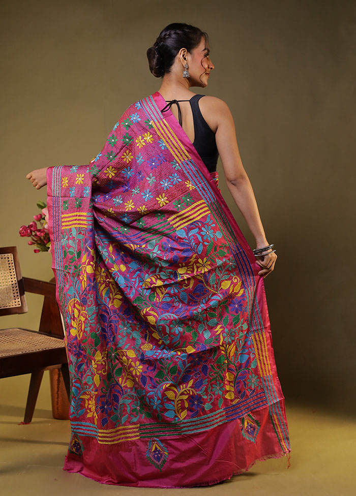 Pink Kantha Stitch Silk Saree With Blouse Piece