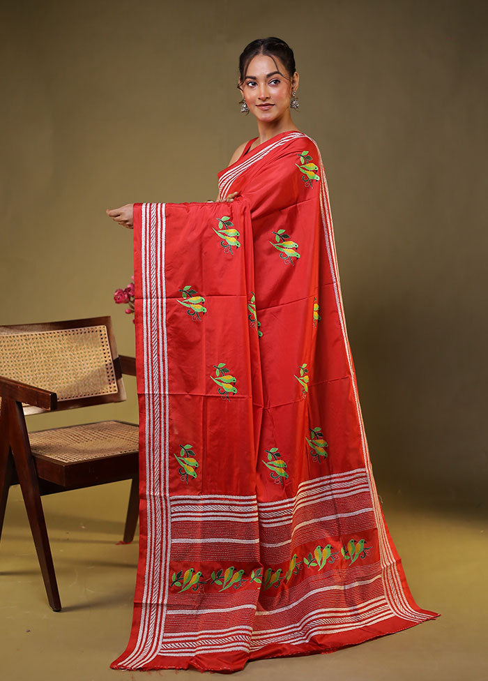 Maroon Kantha Stitch Silk Saree With Blouse Piece