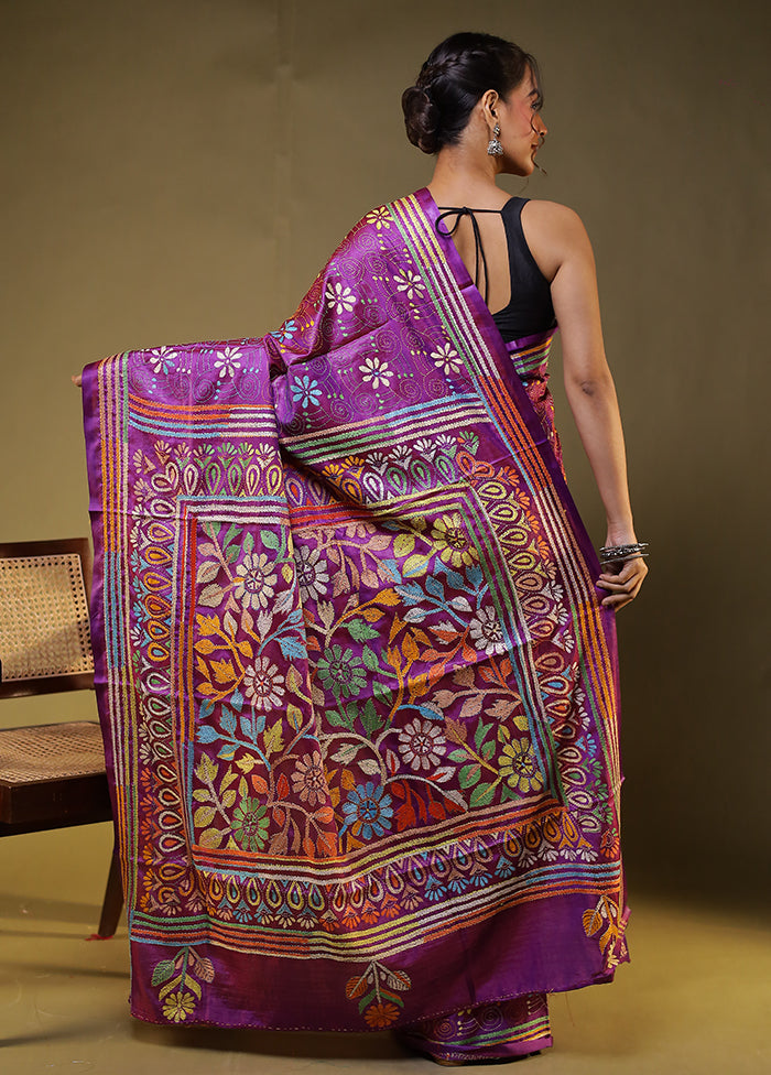 Purple Kantha Stitch Silk Saree With Blouse Piece