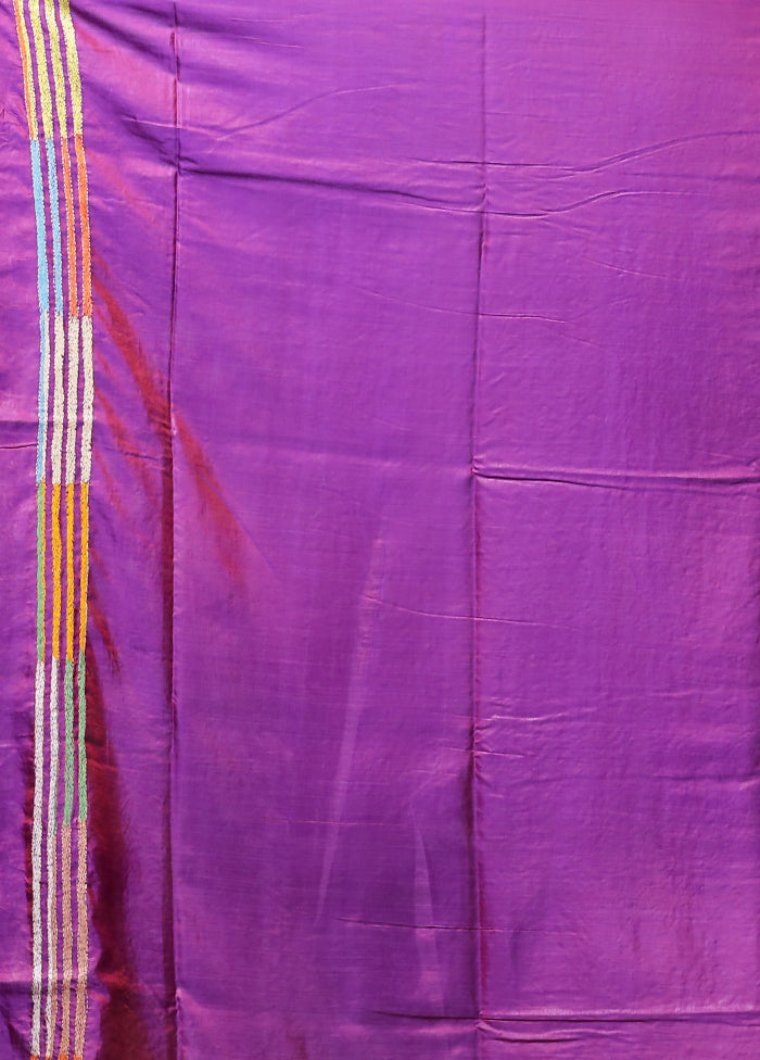 Purple Kantha Stitch Silk Saree With Blouse Piece
