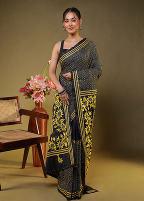 Black Kantha Stitch Silk Saree With Blouse Piece