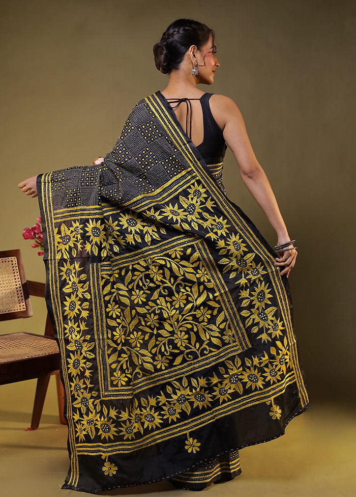 Black Kantha Stitch Silk Saree With Blouse Piece