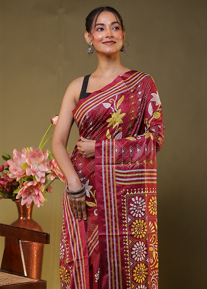 Maroon Kantha Stitch Silk Saree With Blouse Piece