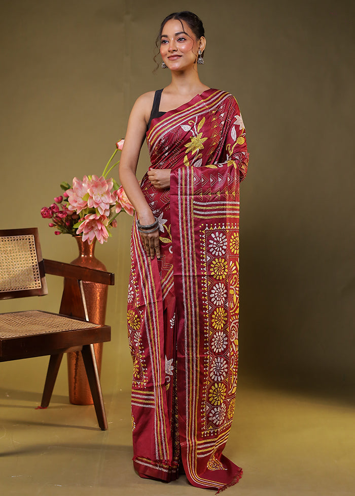 Maroon Kantha Stitch Silk Saree With Blouse Piece