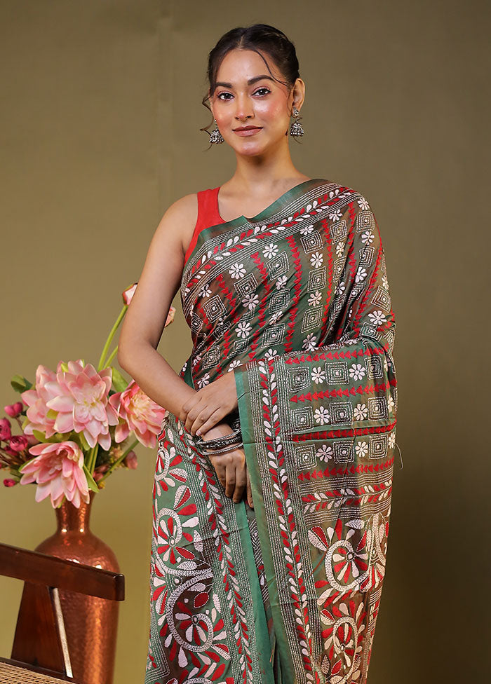 Green Kantha Stitch Silk Saree With Blouse Piece