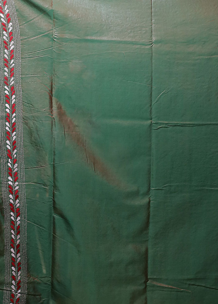 Green Kantha Stitch Silk Saree With Blouse Piece