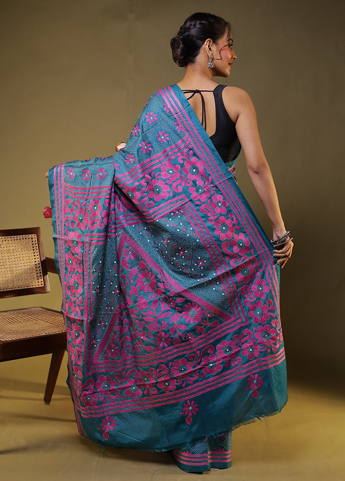 Green Kantha Stitch Silk Saree With Blouse Piece