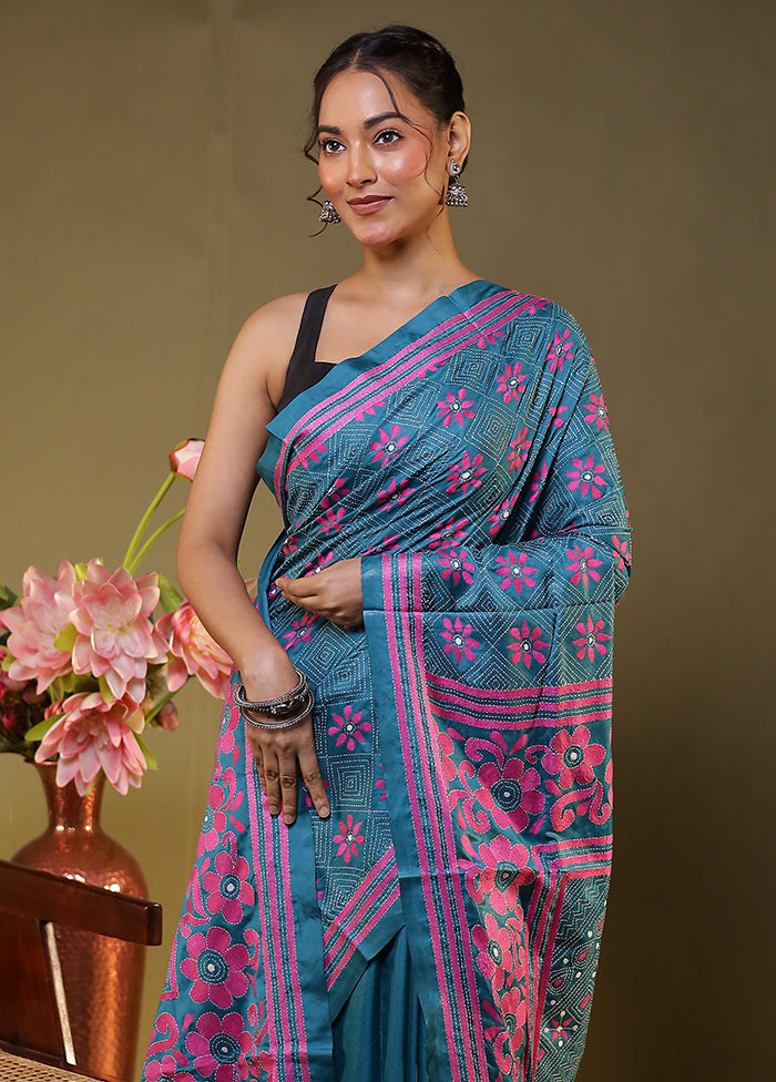 Green Kantha Stitch Silk Saree With Blouse Piece