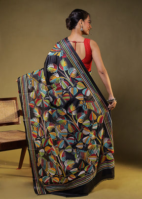 Black Kantha Stitch Silk Saree With Blouse Piece