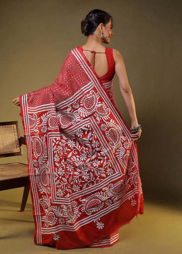 Red Kantha Stitch Silk Saree With Blouse Piece