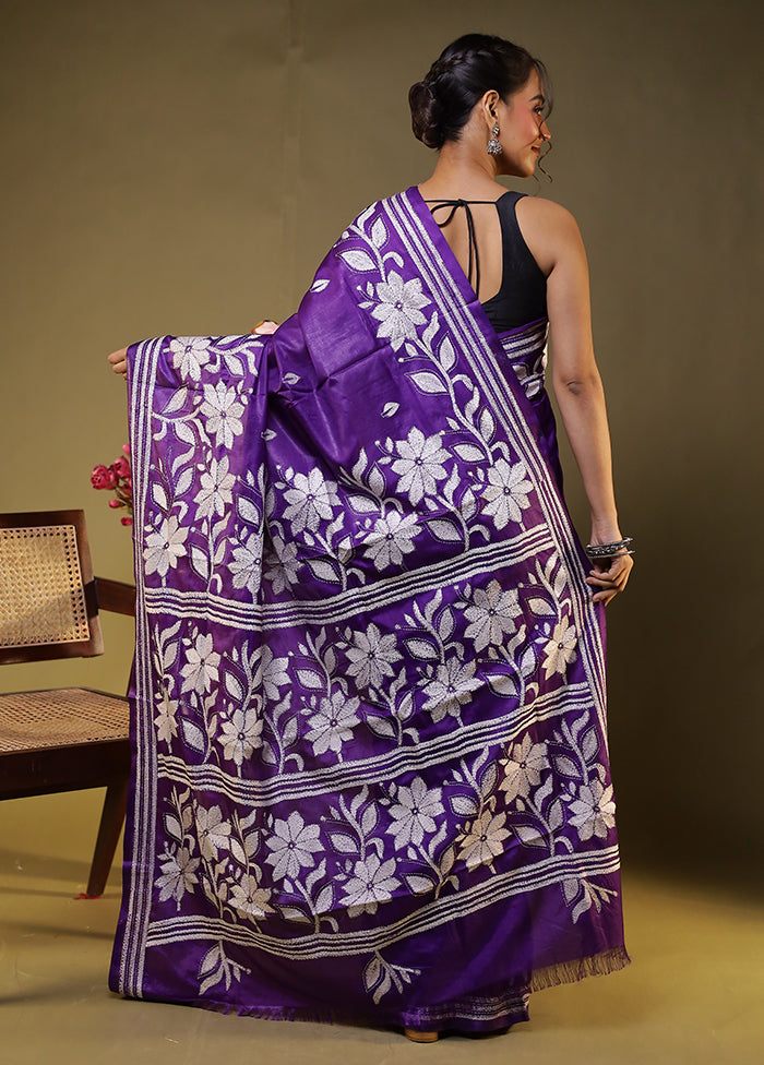 Purple Kantha Stitch Silk Saree With Blouse Piece