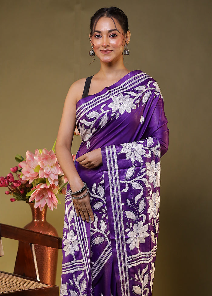 Purple Kantha Stitch Silk Saree With Blouse Piece