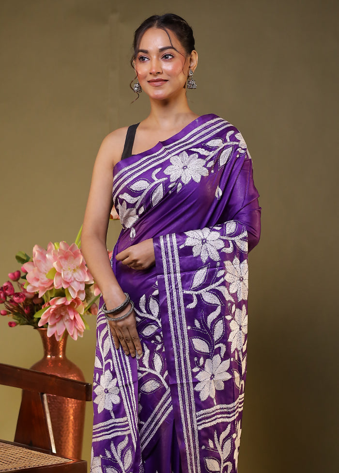 Purple Kantha Stitch Silk Saree With Blouse Piece