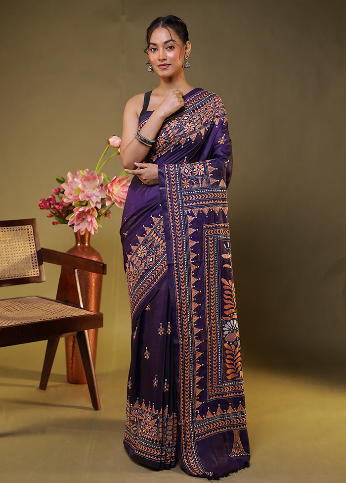 Purple Kantha Stitch Silk Saree With Blouse Piece