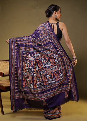 Purple Kantha Stitch Silk Saree With Blouse Piece