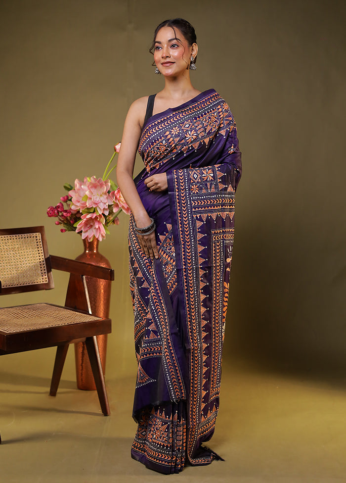 Purple Kantha Stitch Silk Saree With Blouse Piece