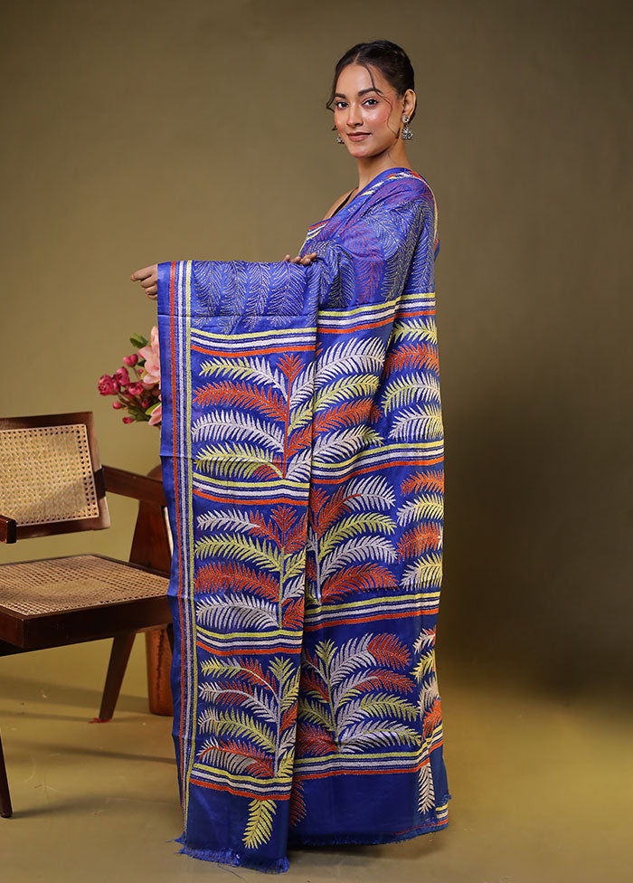 Blue Kantha Stitch Silk Saree With Blouse Piece