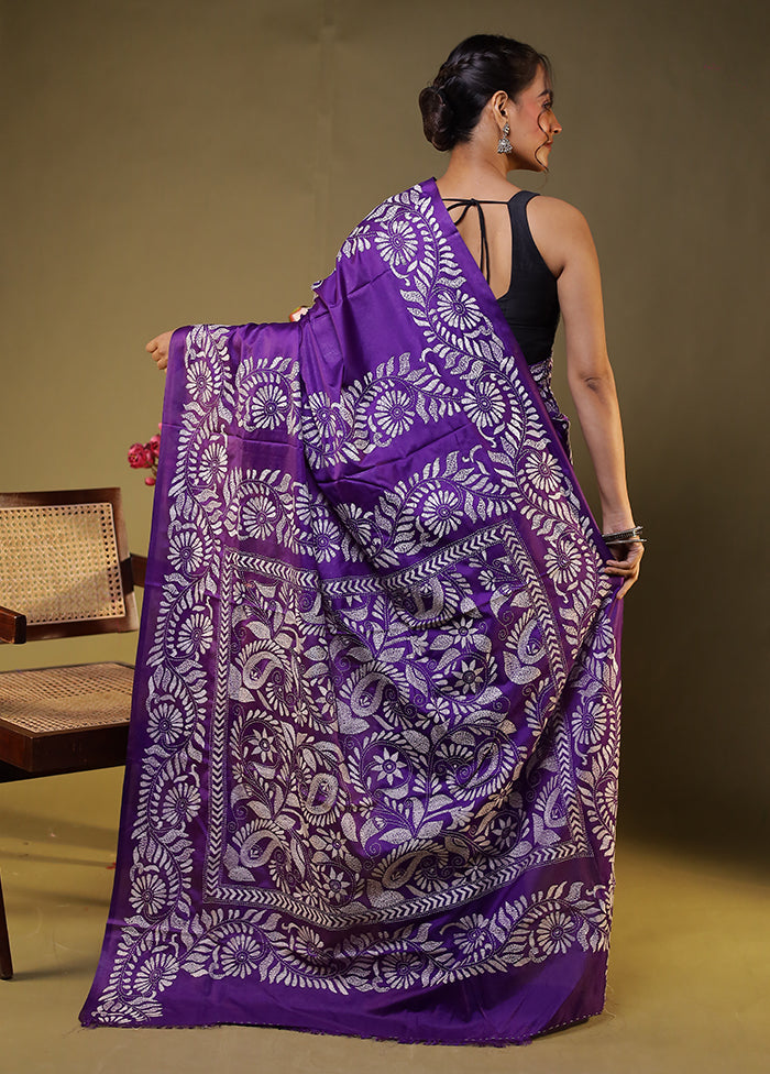 Purple Kantha Stitch Silk Saree With Blouse Piece