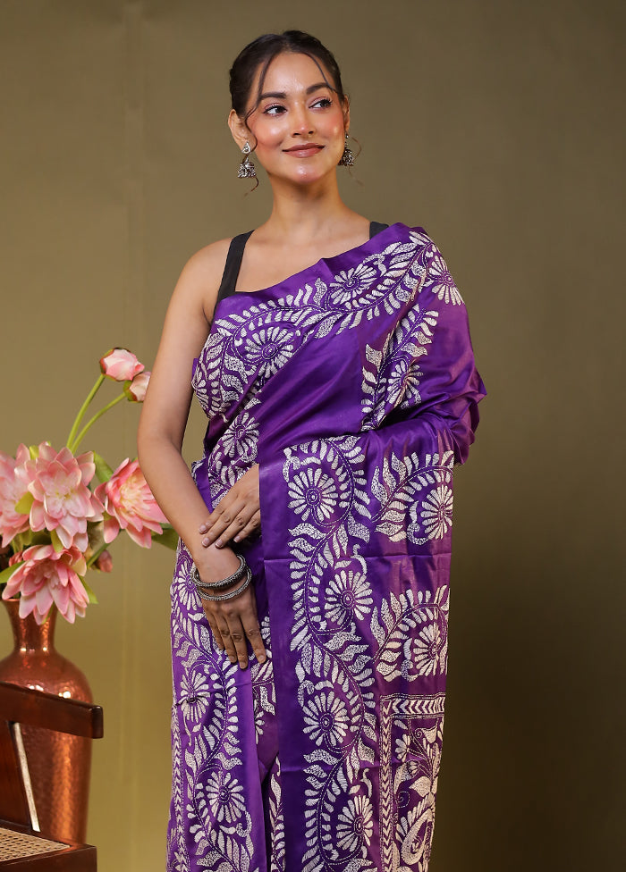 Purple Kantha Stitch Silk Saree With Blouse Piece